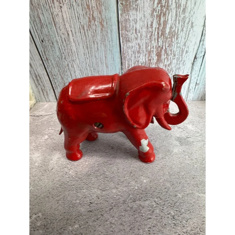 Antique Red Elephant Aluminum Push Tail Bank 7" X 5" Decorative Collectible - Picture 7 of 8
